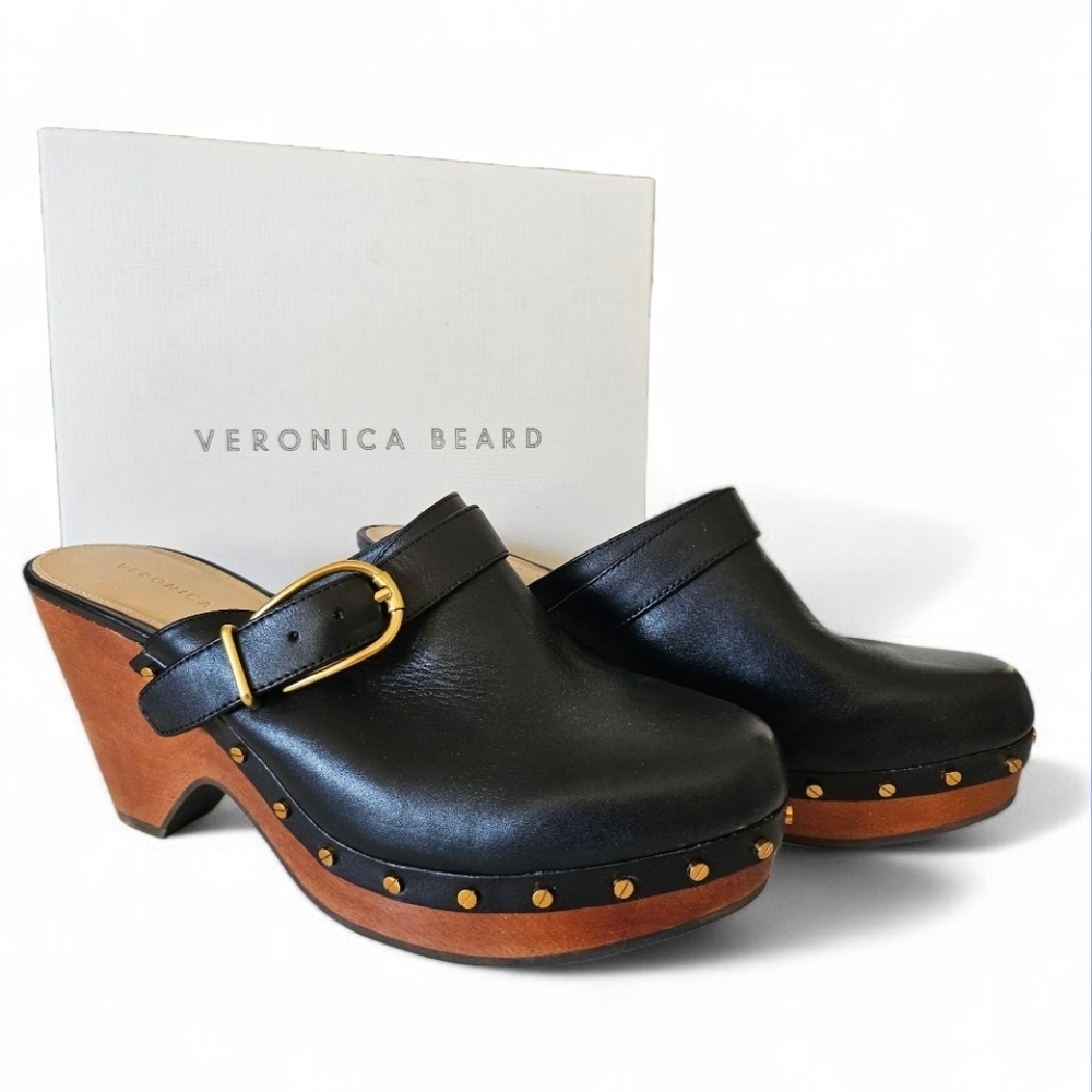 Veronica Beard Black Leather Wood-Block Clogs with Gold Buckle 8.5